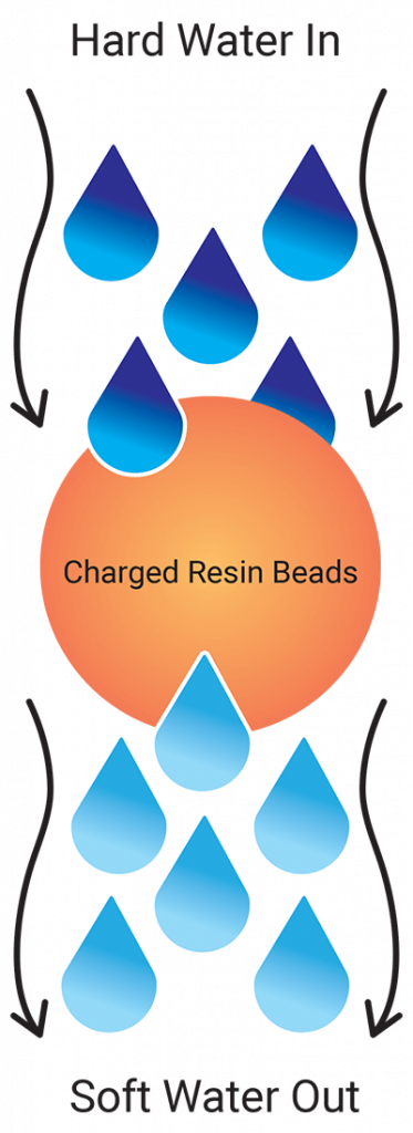 Hard water comes through charged resin beads, and soft water comes out